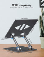 Tablet Stand Holder for Desk, Adjustable Desktop Tablet Holder, Foldable Aluminum Tablet Mount for iPad pro 12.9, iPad Air Mini, Samsung Galaxy Tabs Z Fold Kindle Fire 4-12 inch, Black