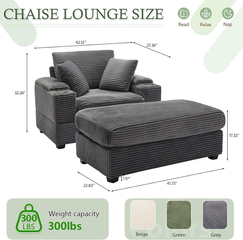 Oversized Corduroy Chaise Lounge Chair Indoor with Storage and Ottoman, Sleep...