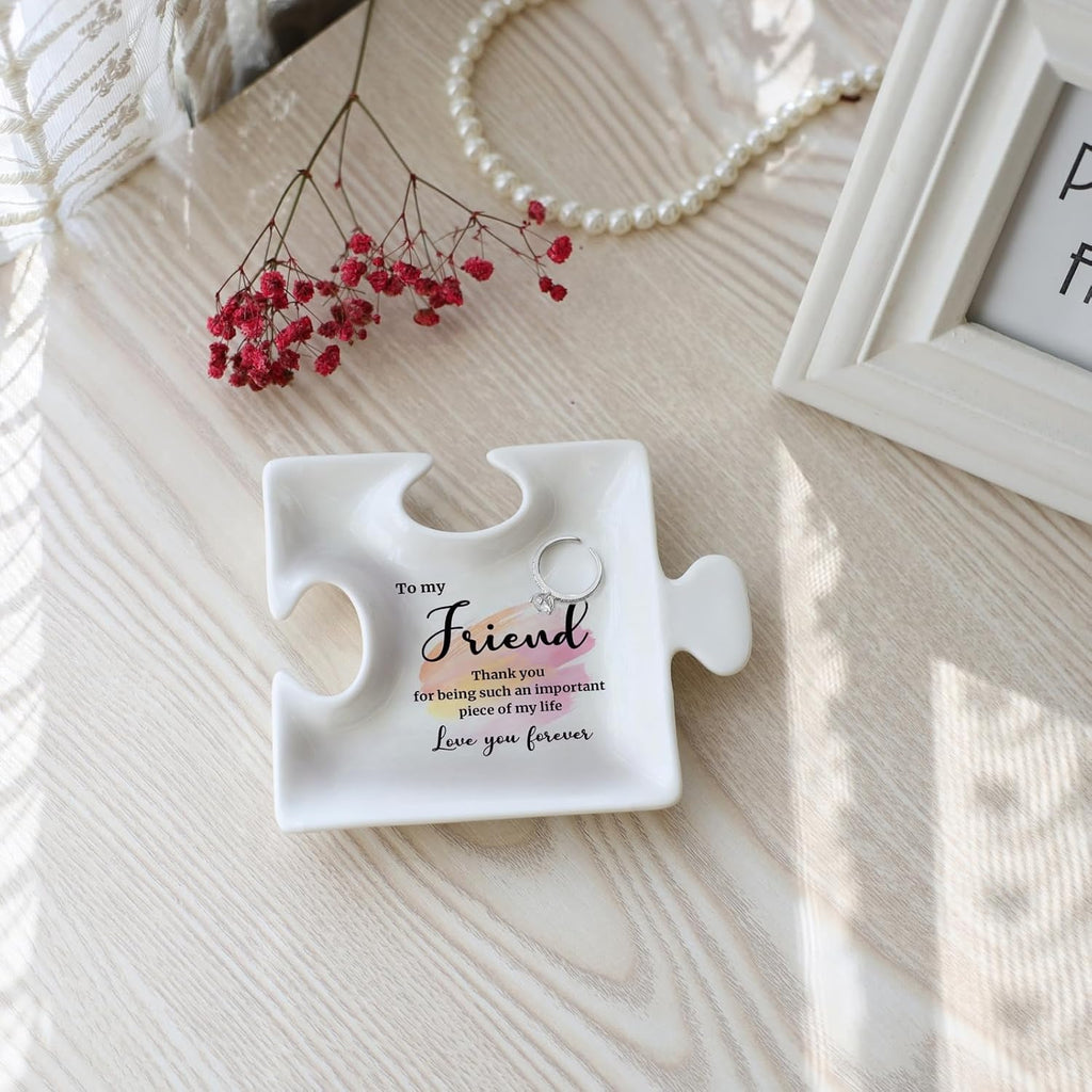 White Ceramic Puzzle Jewelry Tray - Ideal Personalized Gift for Friend on Birthday, Christmas - Thank You for Being Such an Important Piece of My Life Jewelry Organizer for Rings