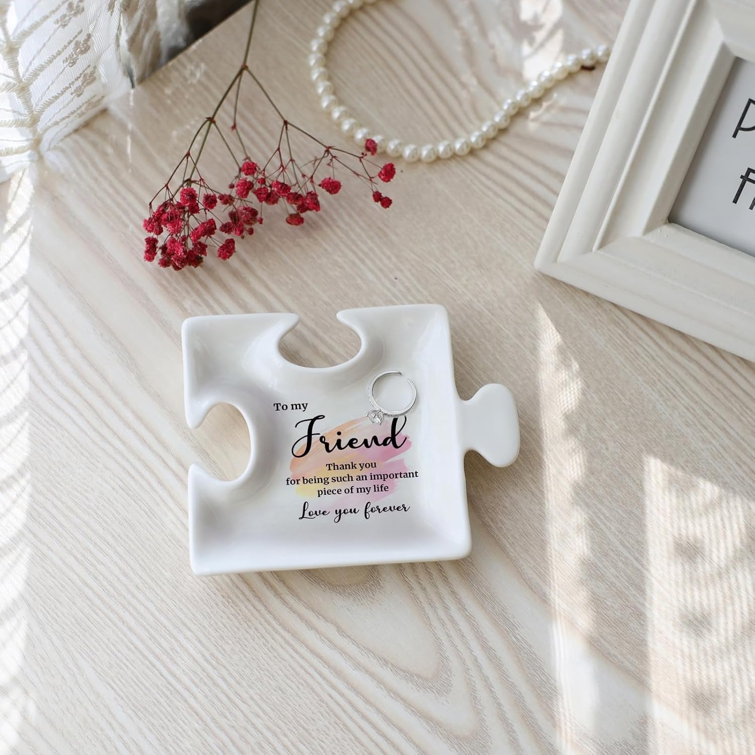 White Ceramic Puzzle Jewelry Tray - Ideal Personalized Gift for Friend on Birthday, Christmas - Thank You for Being Such an Important Piece of My Life Jewelry Organizer for Rings