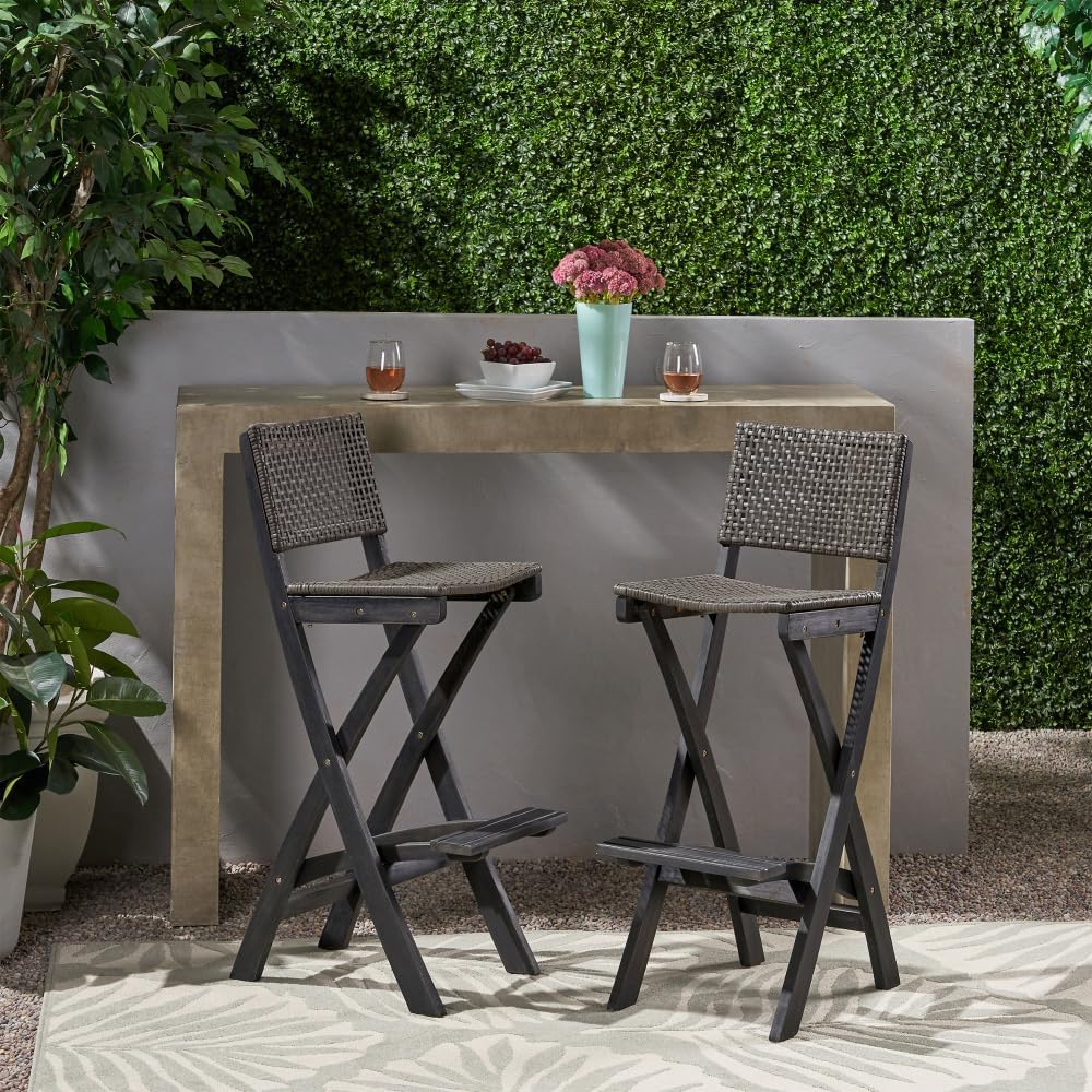 Saiveina 41.75" Outdoor Folding Acacia Wood Barstools with PE Rattan Bac...