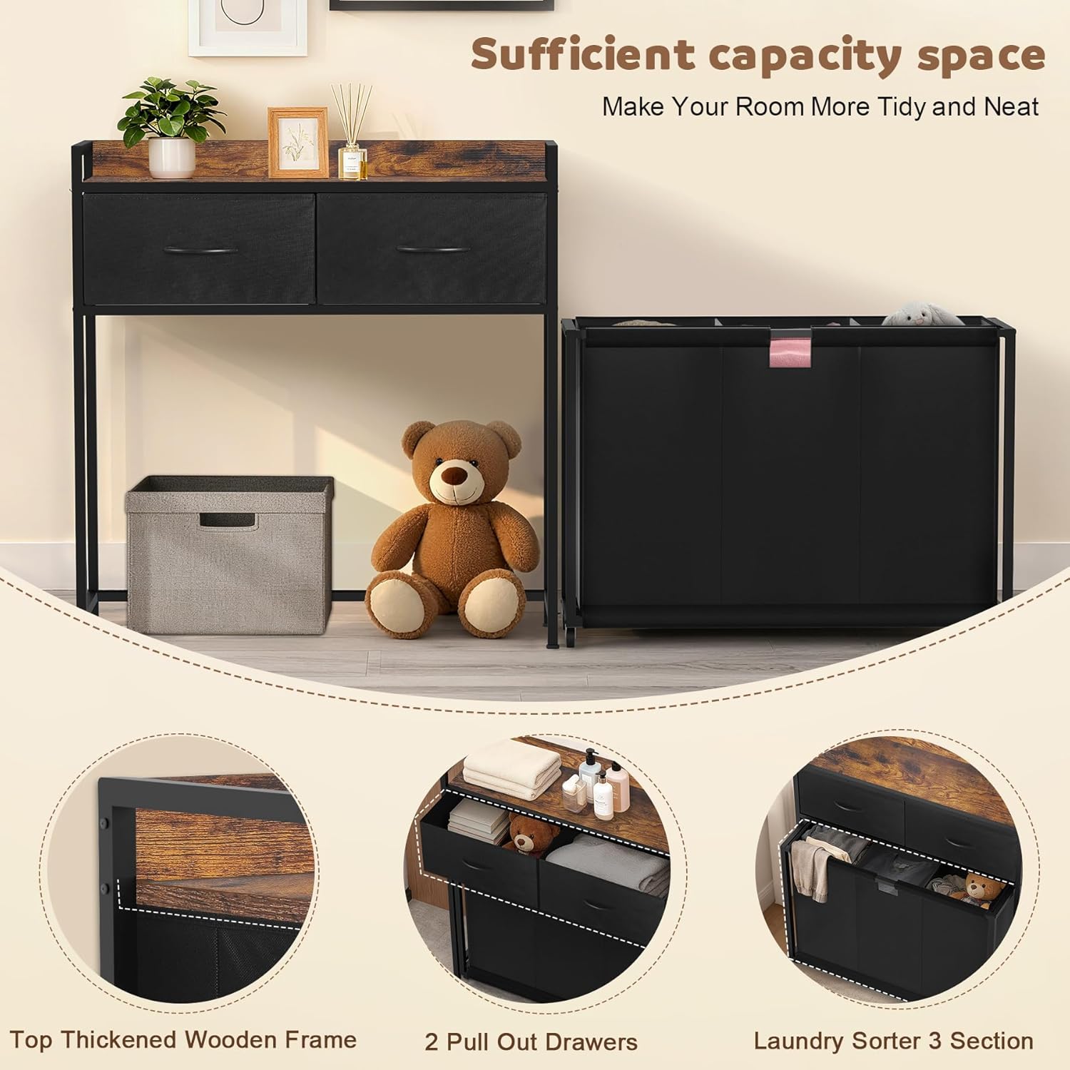 Laundry Hamper with 3 Section Rolling Bags, Laundry Sorter with Wheels, Laundry Basket with 2 Drawer for Laundry Room (Black and Rustic Brown)