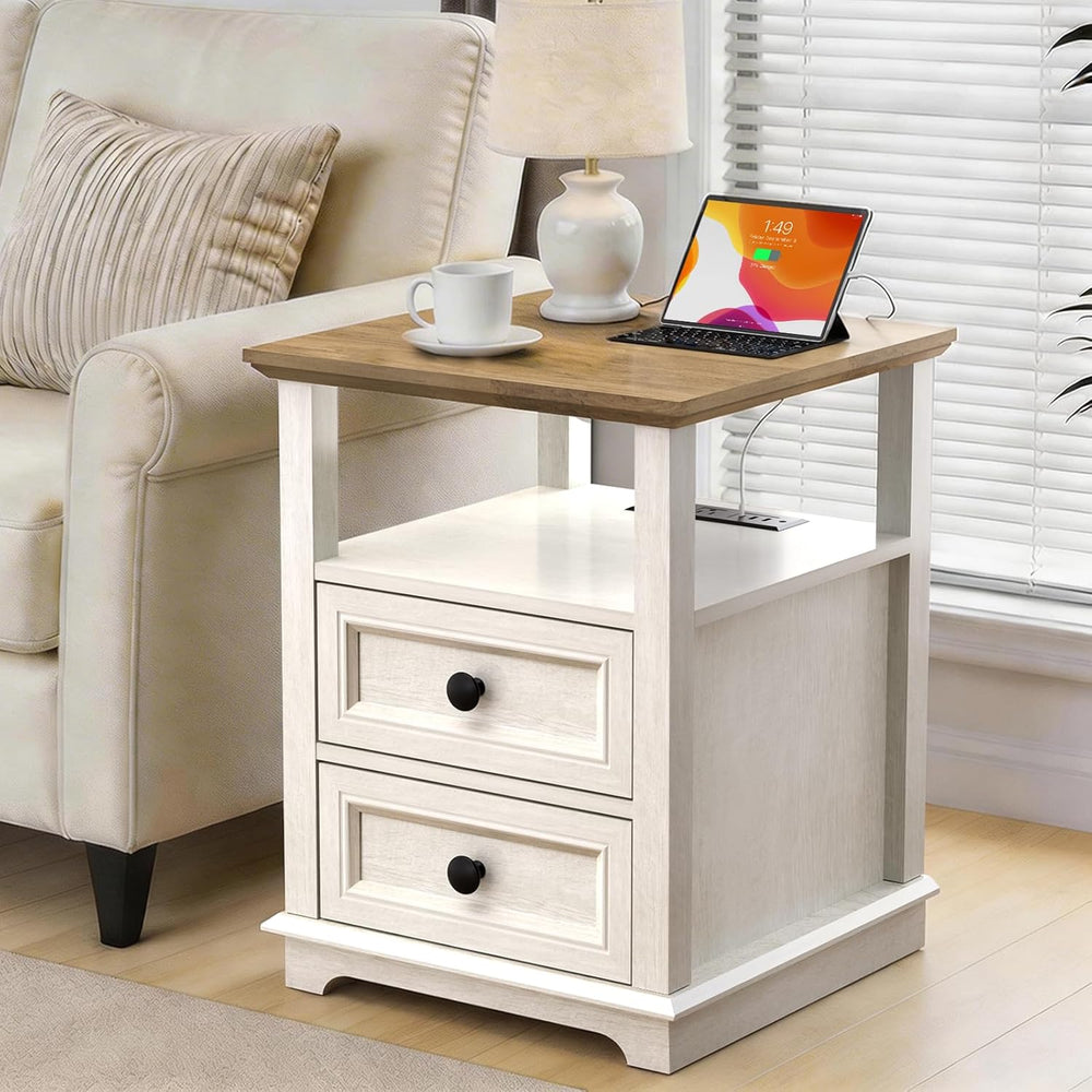 End Table with USB C Charging Station, 18" Wide Side Table with 2 Drawer...