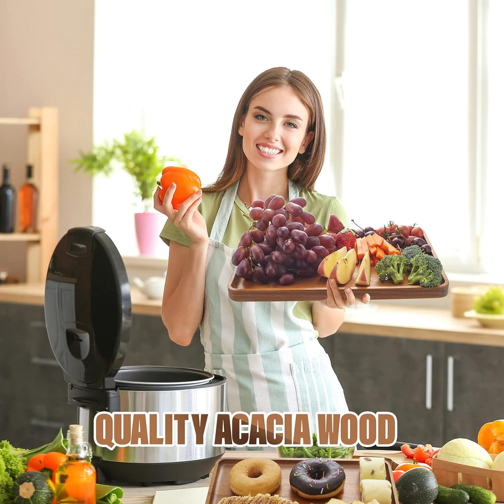 2 PCS 13 x 9 in Solid Acacia Wood Serving Trays Rectangular Wooden Serving Pl...