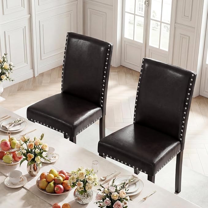 Giantex Dining Chairs Set of 4, Faux Leather Upholstered Parsons Kitchen Chairs with Solid Rubber & Bent Wood Legs, Thick Padded Seat, Armless Side Chairs for Living Dining Room Restaurant, Brown