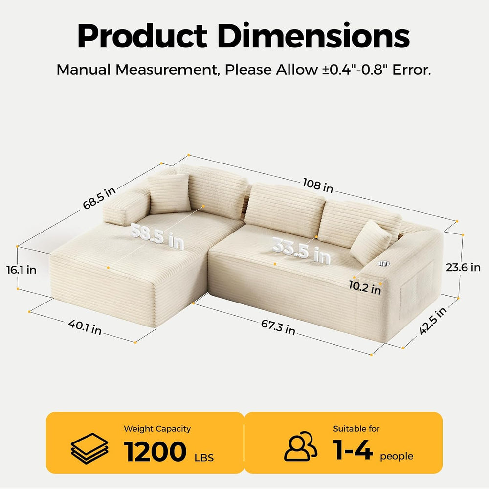 CAMMOO 108" L-Shaped Sectional Sofa, Cloud Couch in One Box | No Assembl...