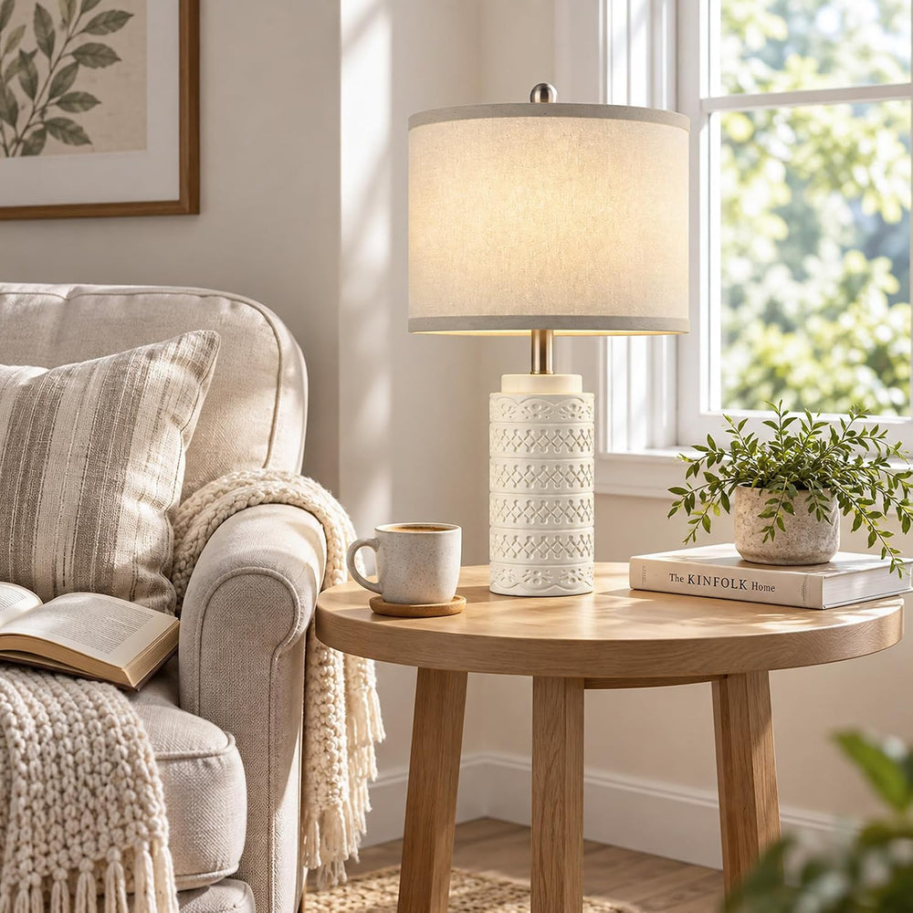 Modern Ceramic Table Lamp Set of 2 for Bedroom, White Bedside Lamp with Fabri...