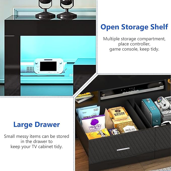 Black 63 Inch Floating TV Stand with Two Drawers & 16-Color LED Lights, Large Modern Entertainment Center for TVs Up to 75 Inches, Wooden Media Console with Open Shelf