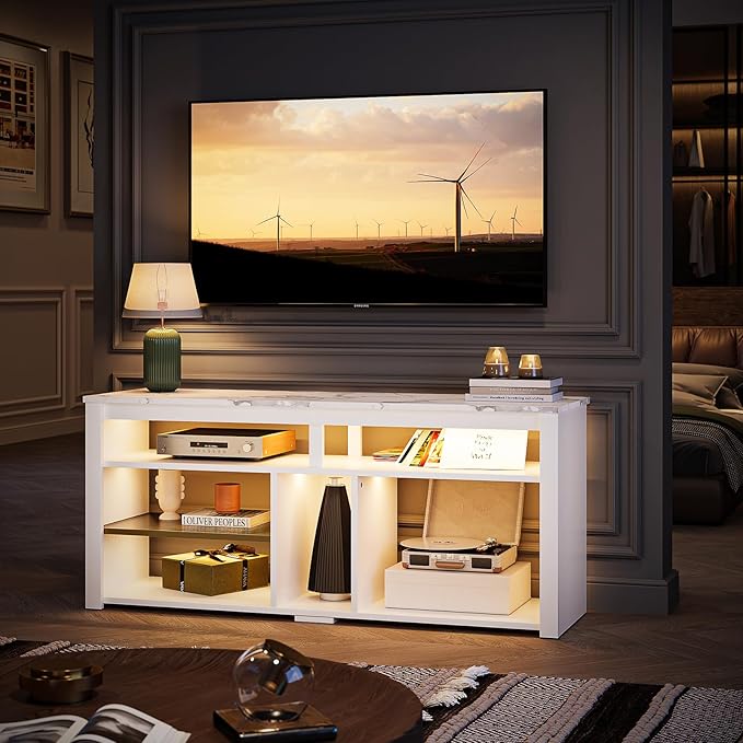 Bestier LED Tall Entertainment Center for PS4, 55 inch TV Stand for 55/60/65 inch TV, TV Console with Storage, Media TV Cabinet with Adjustable Shelf for Living Room, White Marble