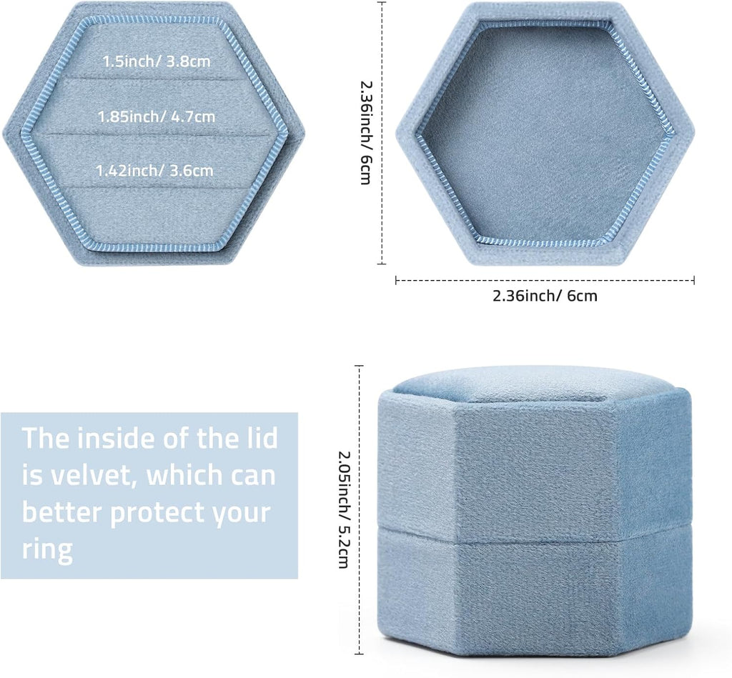 WantGor Velvet Jewelry Ring Box, 3 Slots Hexagon Ring Gift Box Ring Holder | Vintage Ring Display Case for Wedding Ceremony Proposal Engagement (Ocean Blue, 3 Slots)
