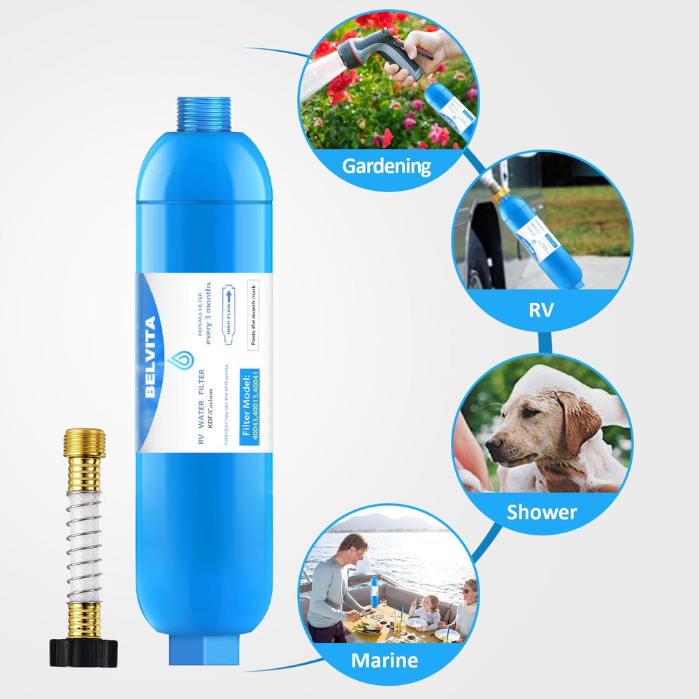 BELVITA RV inline water filter with Flexible Hose Protector