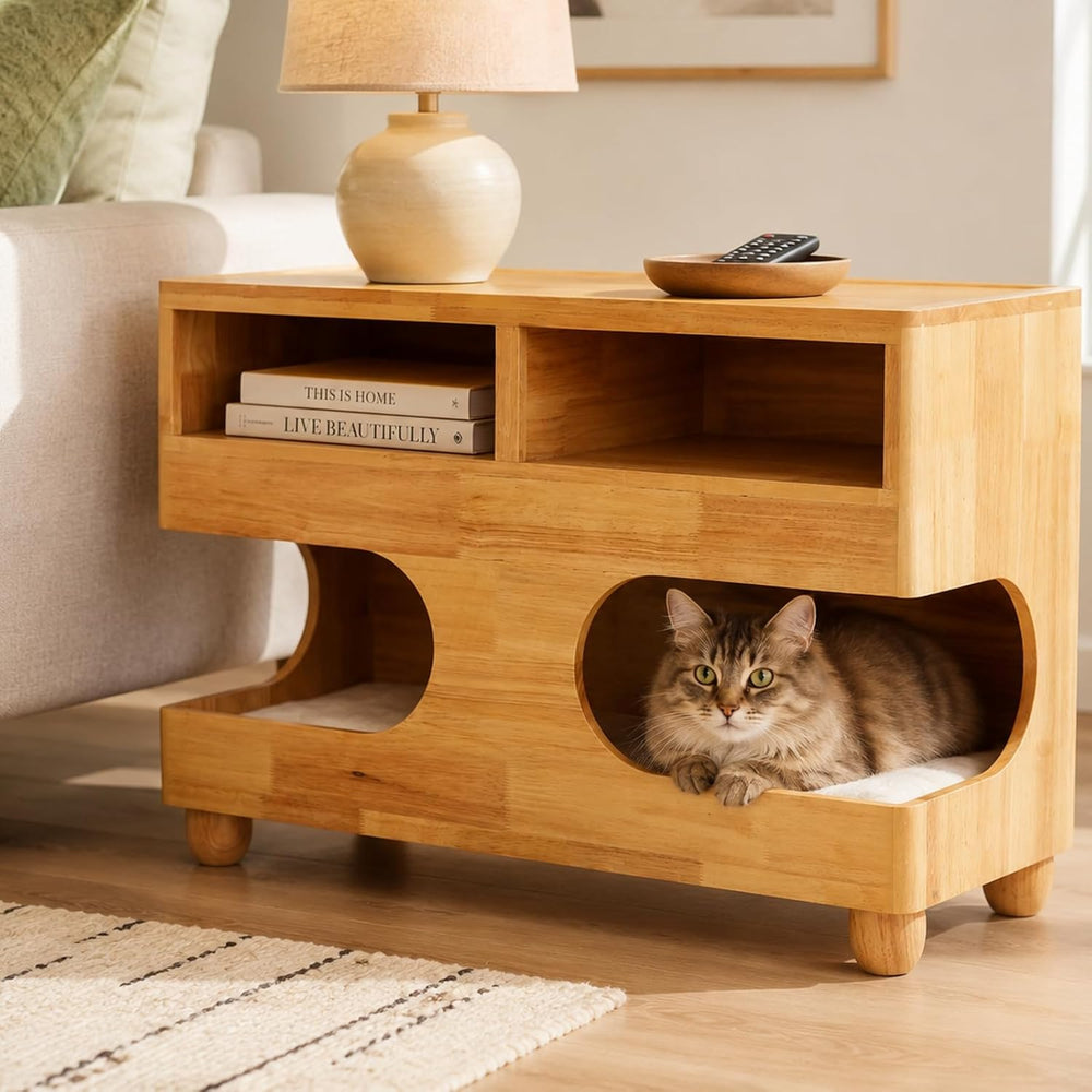 Brelice Sofa Armrest Side Table with Hidden Cat Bed and Storage, Chenille Cou...