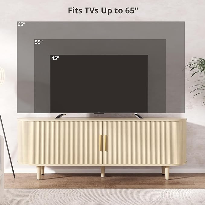 VOWNER 63" Fluted TV Stand, Modern Entertainment Center for TVs Up to 65" with Adjustable Shelves and Sliding Doors, Curved Media Console Table with Storage Cabinet for Living Room Bedroom (Oak)