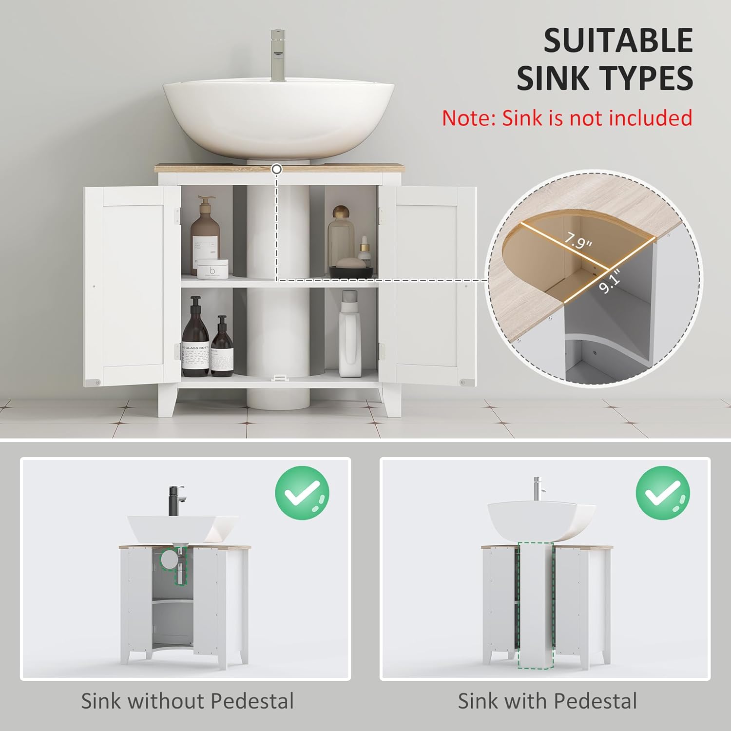 kleankin Pedestal Sink Storage Cabinet, Under Sink Cabinet with U-Shape and Adjustable Internal Shelf, White