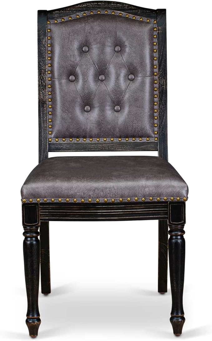 NKMA9-SBB-34, 9-pc Dining Table Set Consists of a Wooden Dining Table and 8 Dark Grey Polyester Fabric Parsons Chairs with Button Tufted Back, Sand Blasting Black Finish