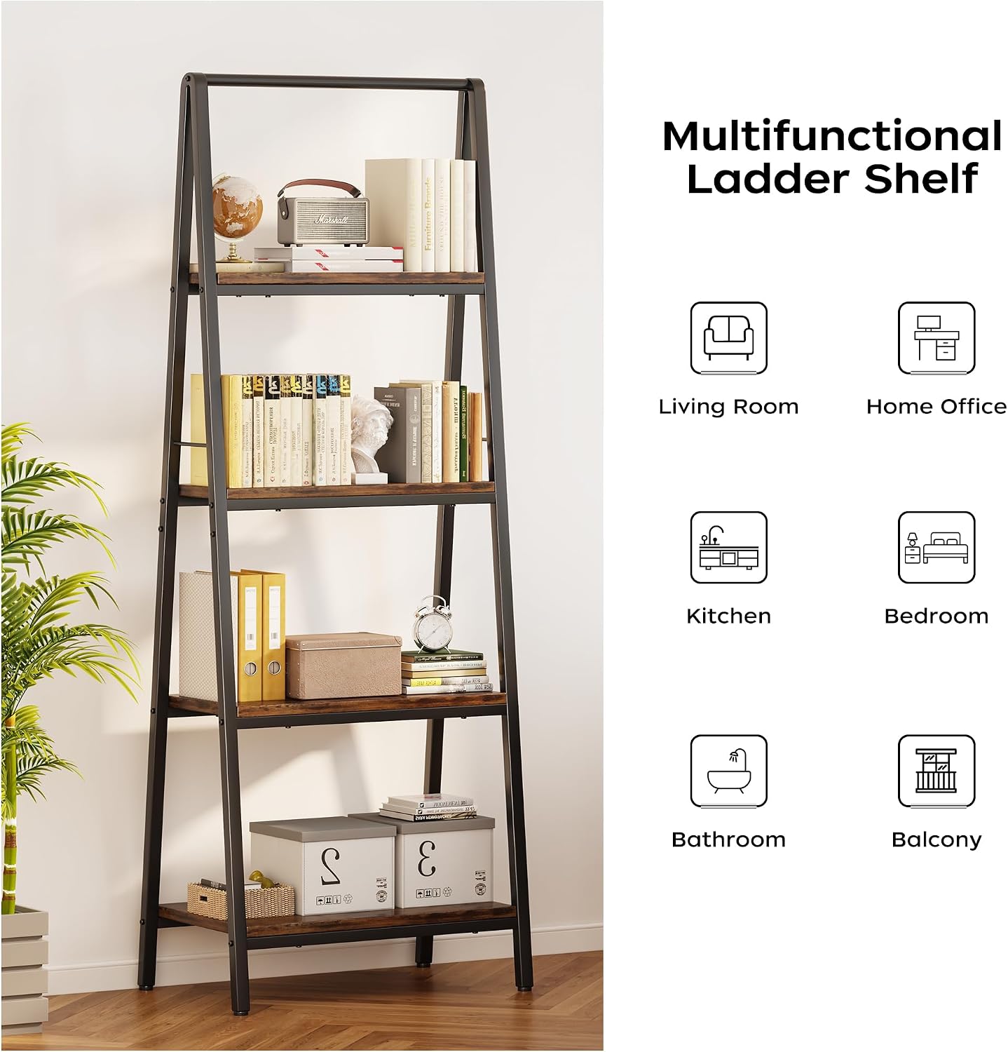 Homeiju Ladder Shelf, 4-Tier Leaning Ladder Bookshelf, Rustic and Wood Ladder Shelf Bookcase, Industrial Ladder Shelf Storage Rack for Home Office, Bedroom, Bathroom or Kitchen