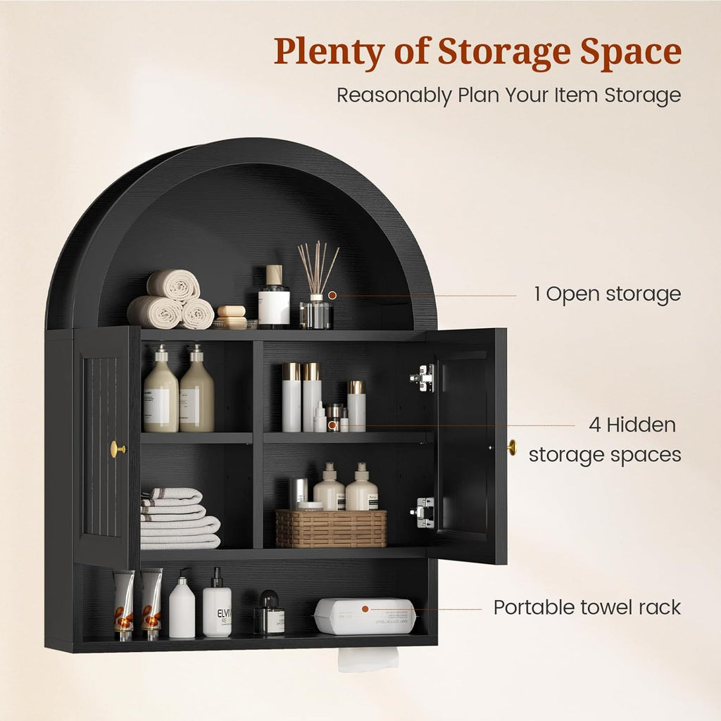 Arched Bathroom Wall Cabinet, 27.4 x 36.4'' Over The Toilet Cabinet with Grille Door, Adjustable Shelf, Wall Mounted Cabinets for Bathroom Laundry Room Kitchen (Black, 36IN)