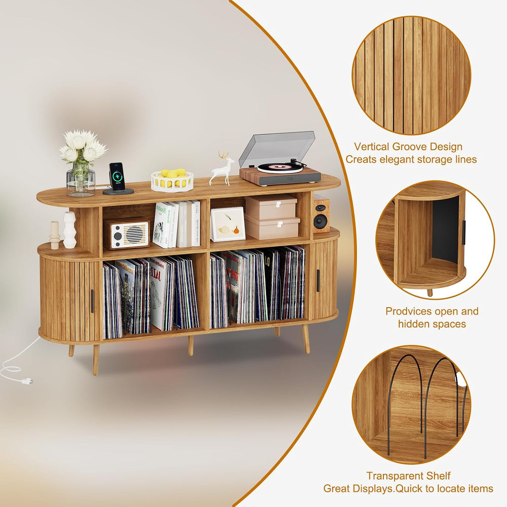 55.1" Large Record Player Stand with Charging Station,Natural