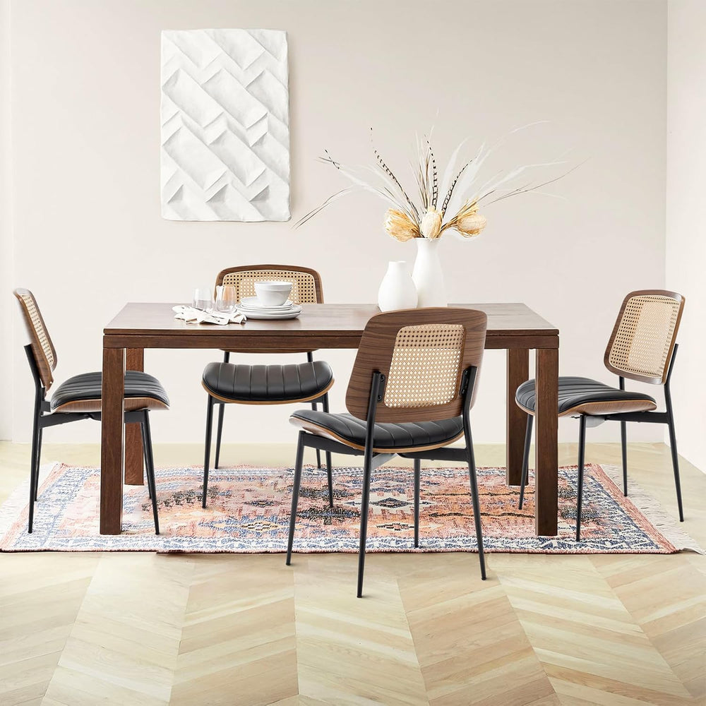 Rattan Dining Room Chairs Set of 4,Mid Century Black PU Leather Kitchen Chair...