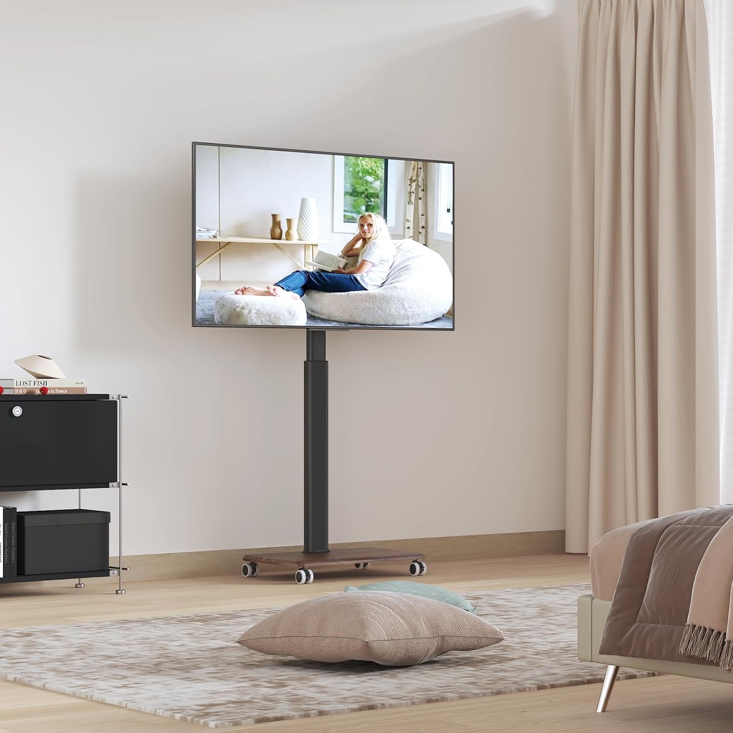 Black Rolling TV Stand for 32 to 55 65 75 85 Inch TVs, Corner TV Floor Stand with Mount, Universal Portable Mobile TV Cart on Wheels, Small TV Stand for Bedroom, Living Room