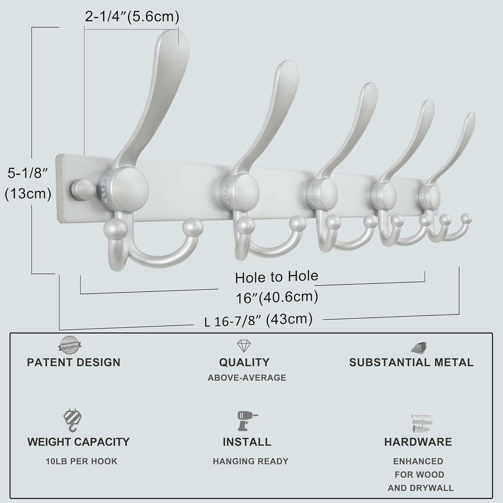 Dseap Coat Rack Wall Mount 2.0 Pro: Heavy Duty 300% Thicker, 16" Stud Mount, Stainless Steel Wall Coat Hooks Hanger for Clothes Jackets Hats Entryway Closet, MaxStrong Series, Silver