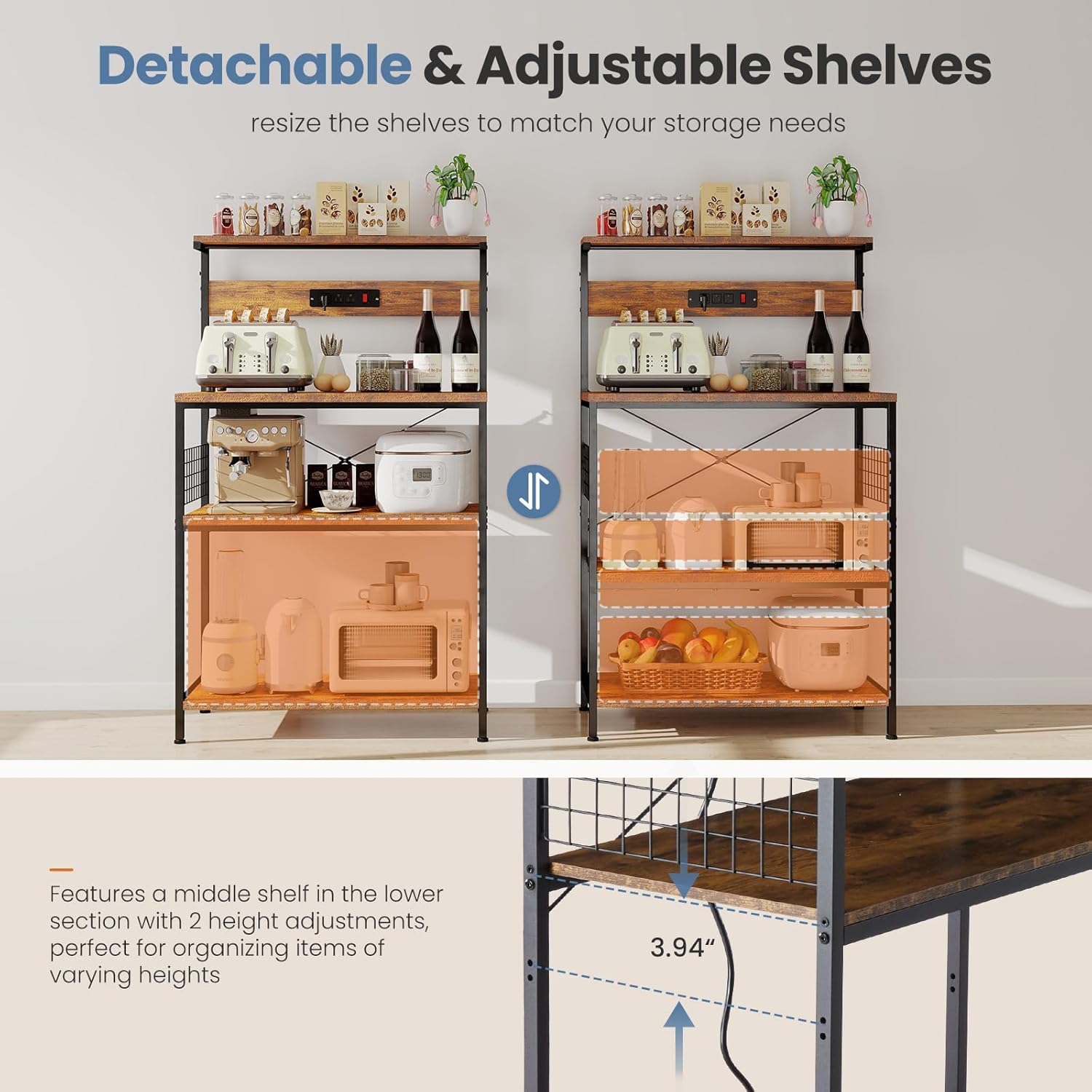 DUMOS Small Bakers Rack with Power Outlet for Kitchen Storage, 23.6" Microwave Stand, Appliance Organizer with 3 Adjustable Tiers for Small Apartment, Coffee Station, Counter Space Saving, Brown