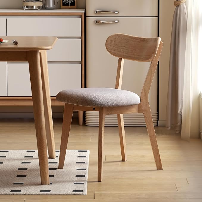 100% Solid Oak Dining Chairs, Mid Century Modern Dining Chair with Curved Backrest, Fabric Upholstered Dining Chairs for Kitchen, Study, Living Room (1, Original Wood-Gray Cushion)
