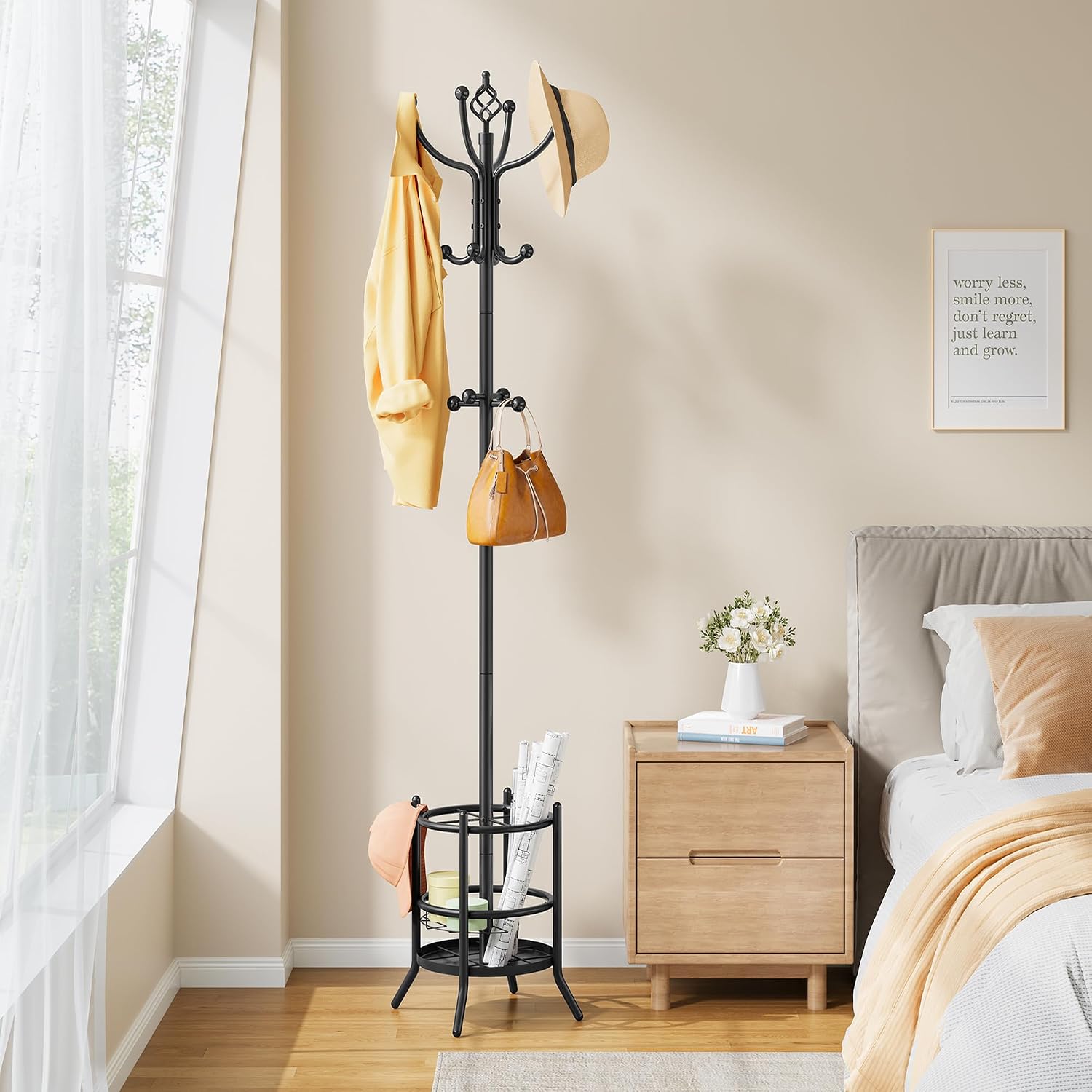 Tajsoon Coat Rack Stand with Umbrella Holder, Coat Tree Freestanding with 16 Hooks, Coat Hangers Stand for Living Room, Bedroom, Office, Black