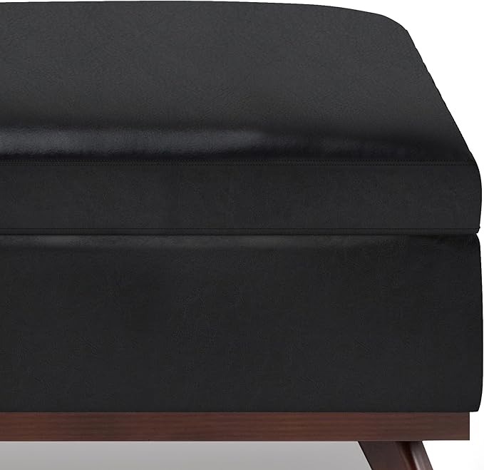 SIMPLIHOME Owen 36 inch Wide Mid Century Modern Square Coffee Table Storage Ottoman in Midnight Black Vegan Faux Leather, Assembled, For the Living Room, Entryway and Family Room