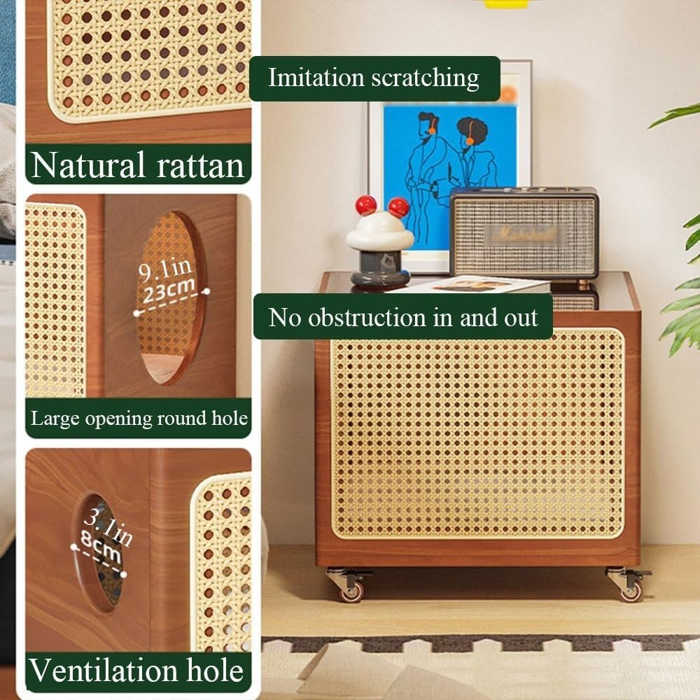 Bedside Table with Cat Condo Movable Side Table Wood and Handcrafted Rattan C...