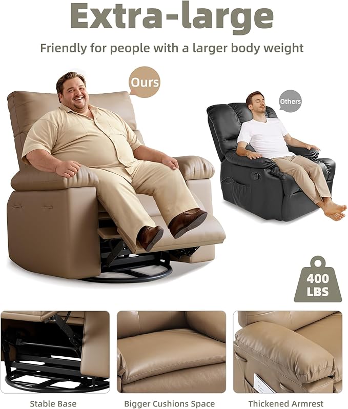GarveeHome Oversized Rocker Swivel Recliner Chair - PU Leather Extra Wide Manual Recliner for Adults, Large Lazy Chair with 1.5X Sponge Comfort Arm and Back for Living Room, Bedroom