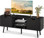 ALINE FURNITURE Black TV Stand for 50 55 60+ inch TVs - Media Console with 2 Cabinets & Open Shelves, Solid Wood Legs - TV Consoles for Living Room - 22" H Entertainment Center for Bedroom