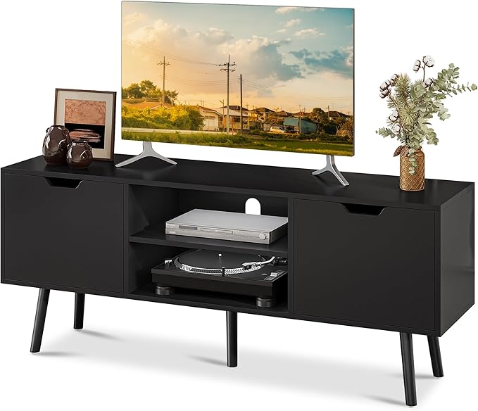ALINE FURNITURE Black TV Stand for 50 55 60+ inch TVs - Media Console with 2 Cabinets & Open Shelves, Solid Wood Legs - TV Consoles for Living Room - 22" H Entertainment Center for Bedroom
