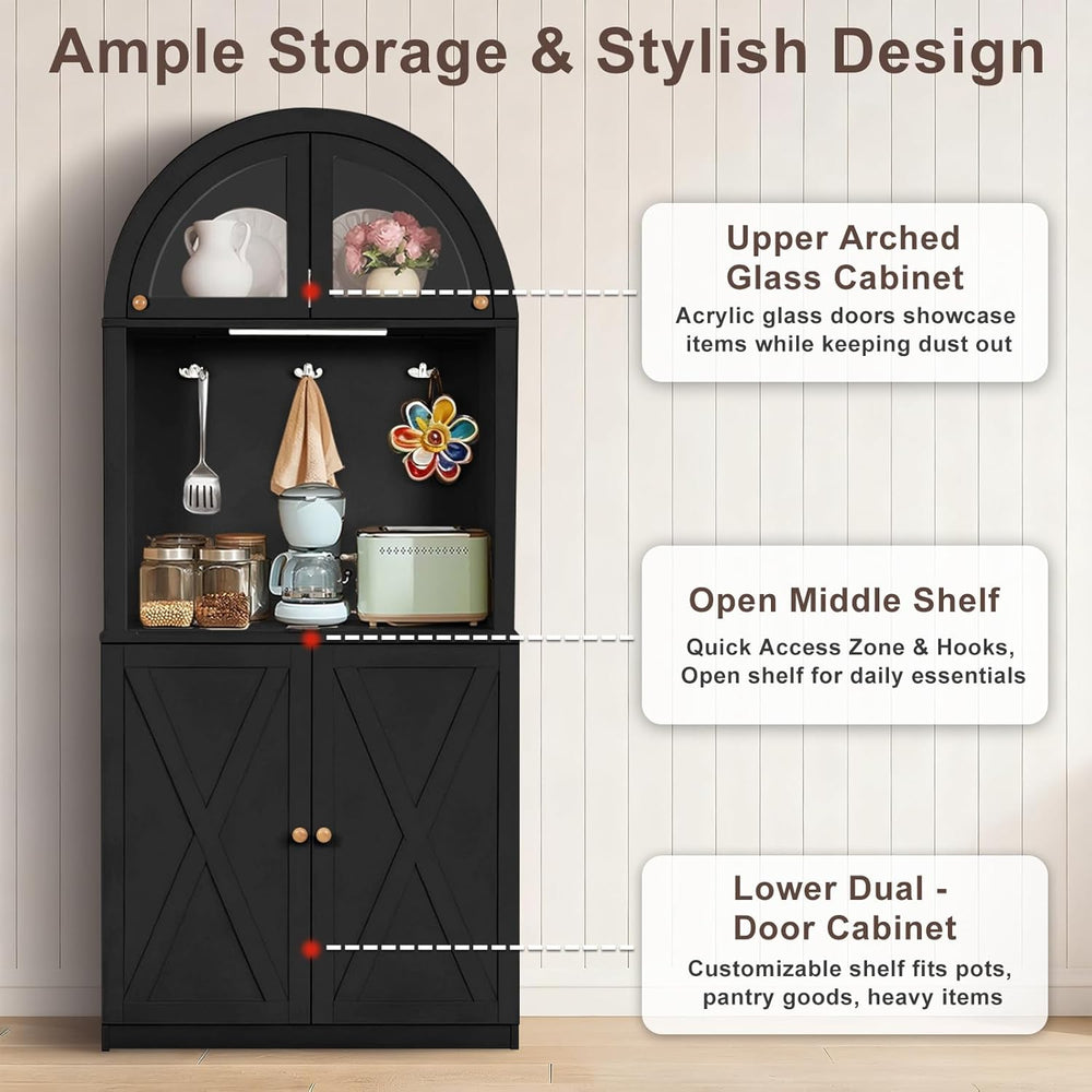 71" Tall Arched Kitchen Pantry Cabinet, Farmhouse Storage Cabinet with L...