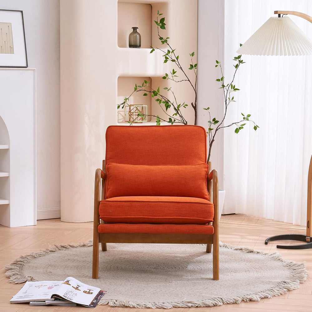 Bonnlo Linen Burnt Orange Mid Century Modern Accent Chair, Soild Wood Padding...