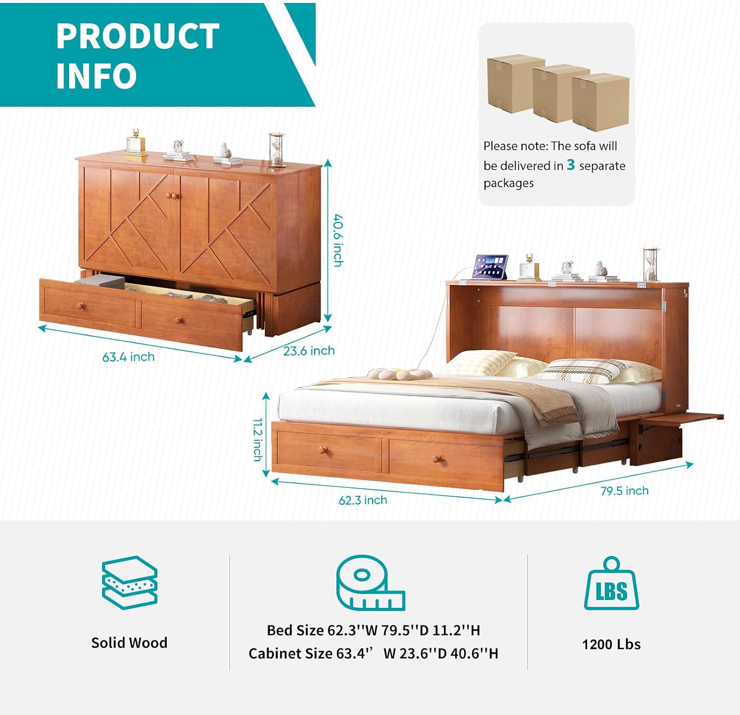 BALUS Murphy Cabinet Bed, Murphy Bed with Spacious Drawers,Queen Foldable Murphy Chest Bed with USB Charging Station for Living Room Apartment Bedroom,Cherry