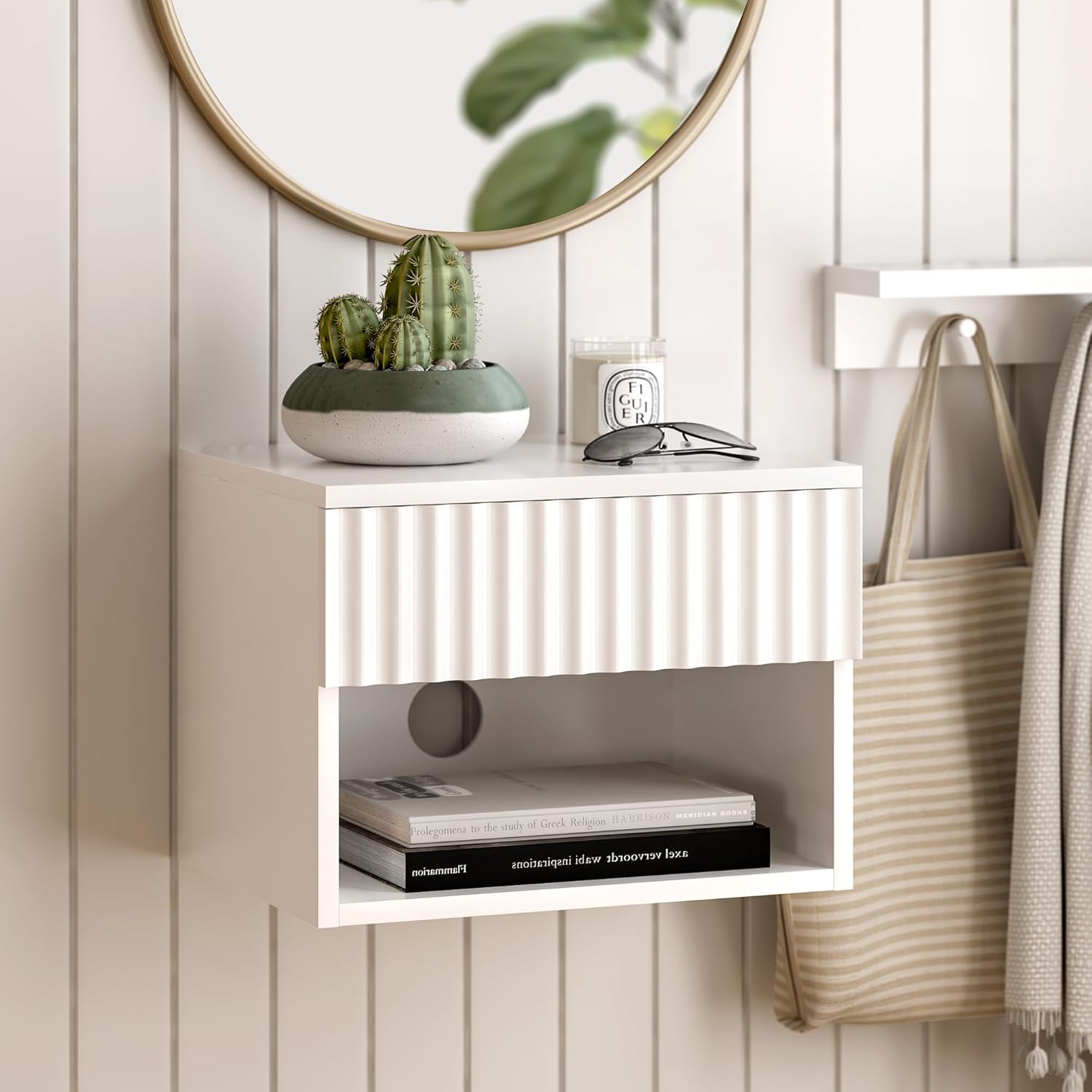 Fluted Floating Nightstand Set of 2 with Drawer, Modern Night Stand with Fluted Door and Open Storage Shelf Wall Mounted Bedside Table for Bedroom, Entryway White