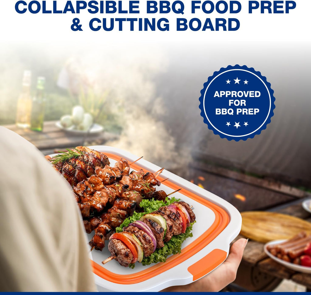 2-Pack XL Collapsible BBQ Prep Tub with Built-In Cutting Board, Lid & Strainer – Marinate, Drain & Prep – Large Food-Safe Container – Perfect for Grilling, Smoking & Outdoor Cooking