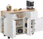 HOMREST 50.4" Kitchen Island with Drop Leaf & Power Outlet, Farmhouse Rolling Island Cart with 3 Spices Shelves on Wheels, Mobil Kitchen Island Table with Rubberwood Countertop Towel Rack, White