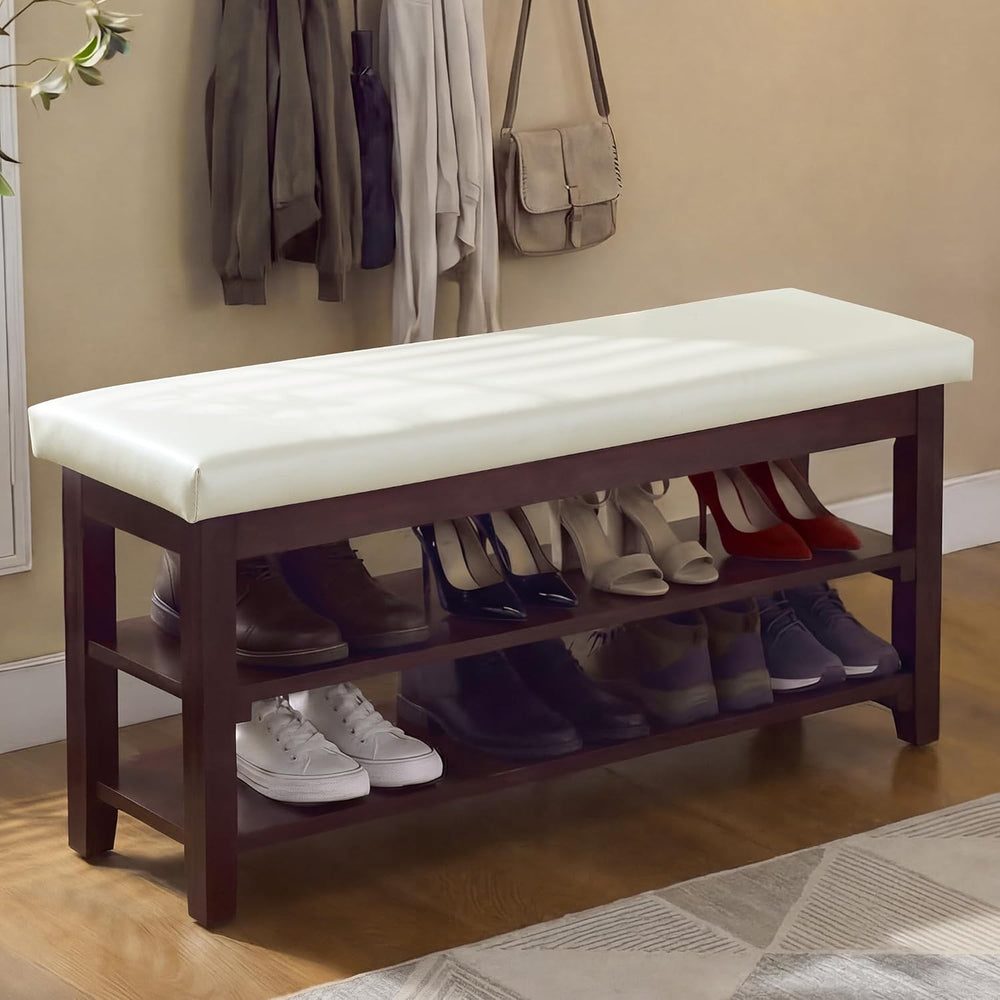 40" Faux Leather Shoe Storage Bench Entryway, Upholstered Bench with Lea...