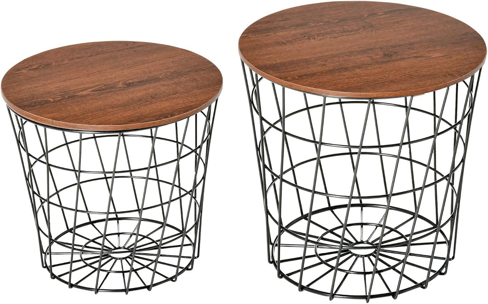 Nesting End Tables Set of 2 with Storage, Round Removable Tops, Black/Brown |...