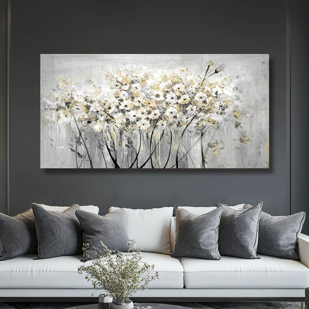 Framed Grey Green Flowers Floral Wall Art 24"x48" Artwork for Walls