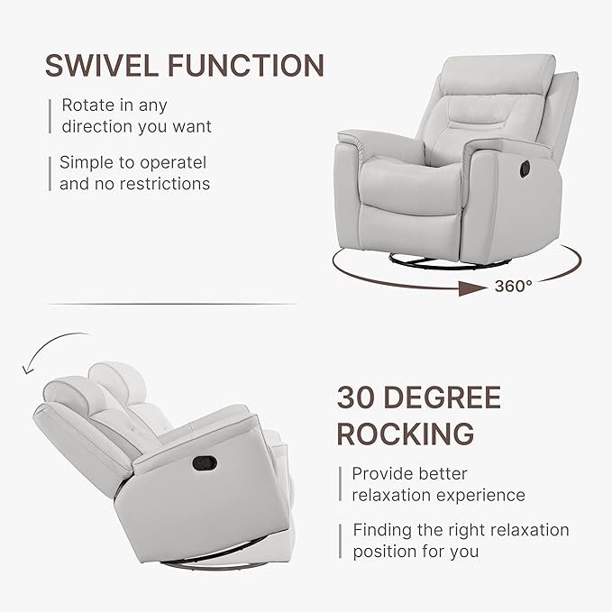 Leather Recliner Chair Faux Swivel Rocker for Adults Manual Sofa for Living Room Bedroom Home Theater Seating,Light Grey