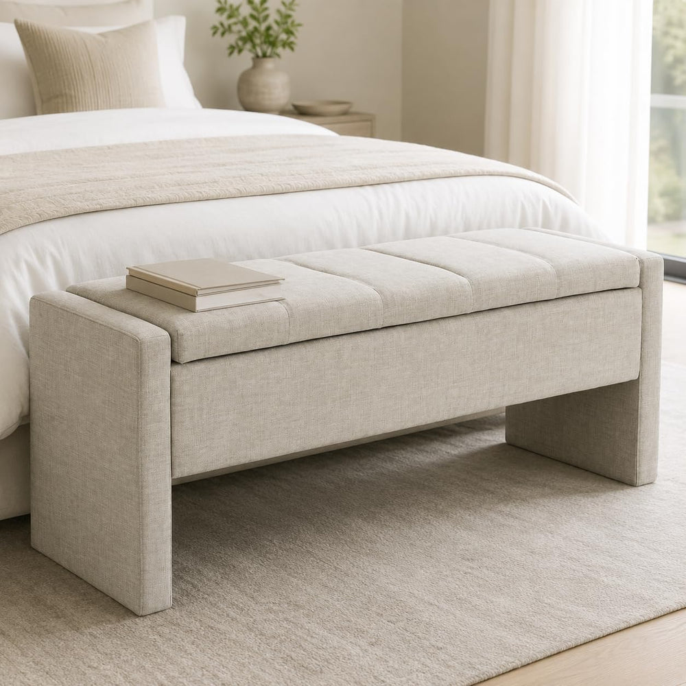 47.25 Inch Storage Ottoman Bench, Linen Upholstered, Light Grey | End of Bed ...