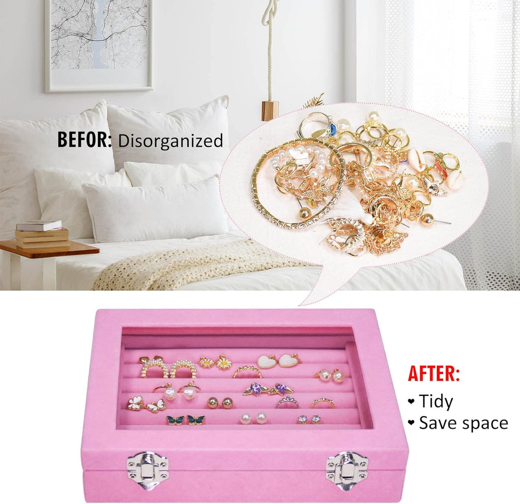 Vicoter Rings Organizer Tray 7 Slots Velvet Jewelry Earring Storage Box with Transparent lid Jewelry Display Case for Girls Wife Mom Women (Pink)