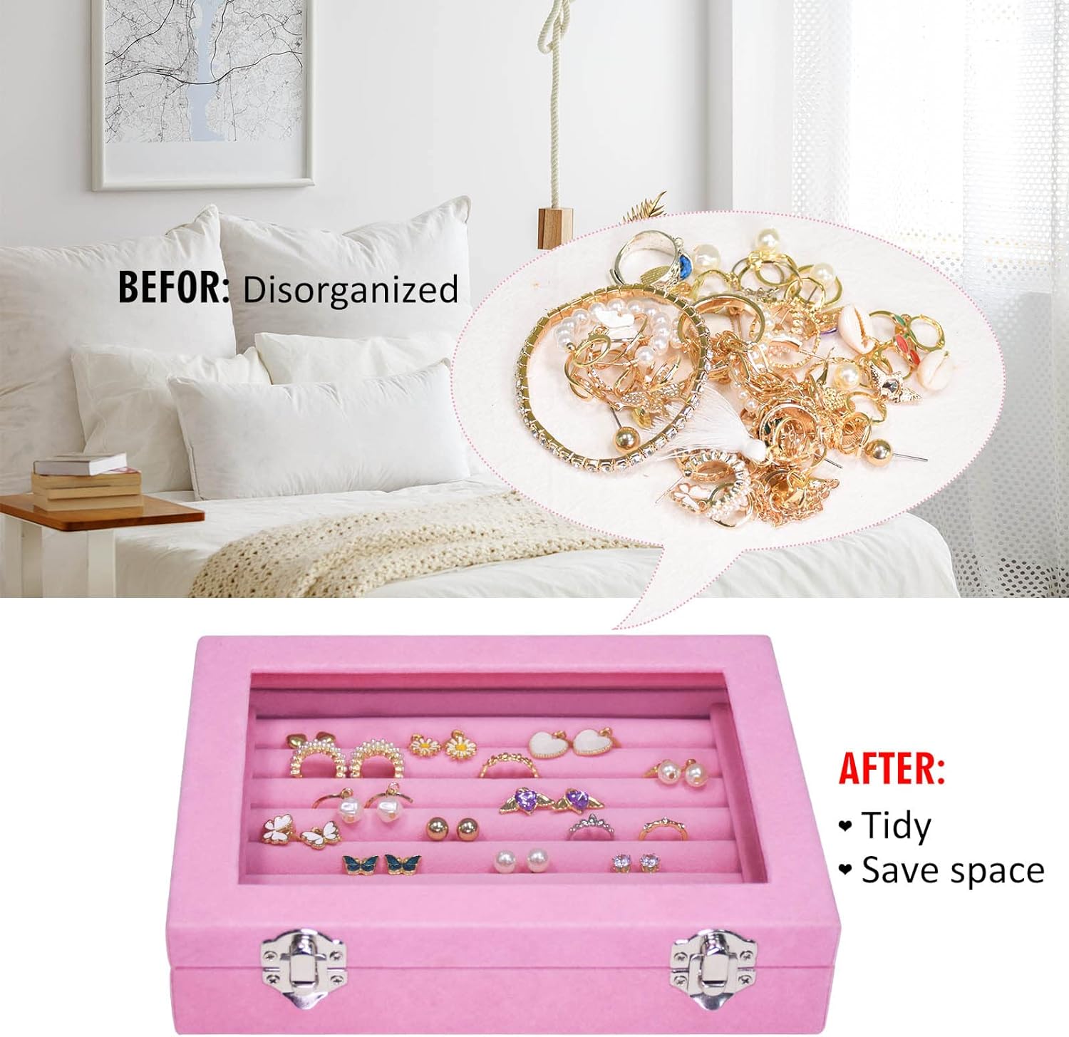 Vicoter Rings Organizer Tray 7 Slots Velvet Jewelry Earring Storage Box with Transparent lid Jewelry Display Case for Girls Wife Mom Women (Pink)