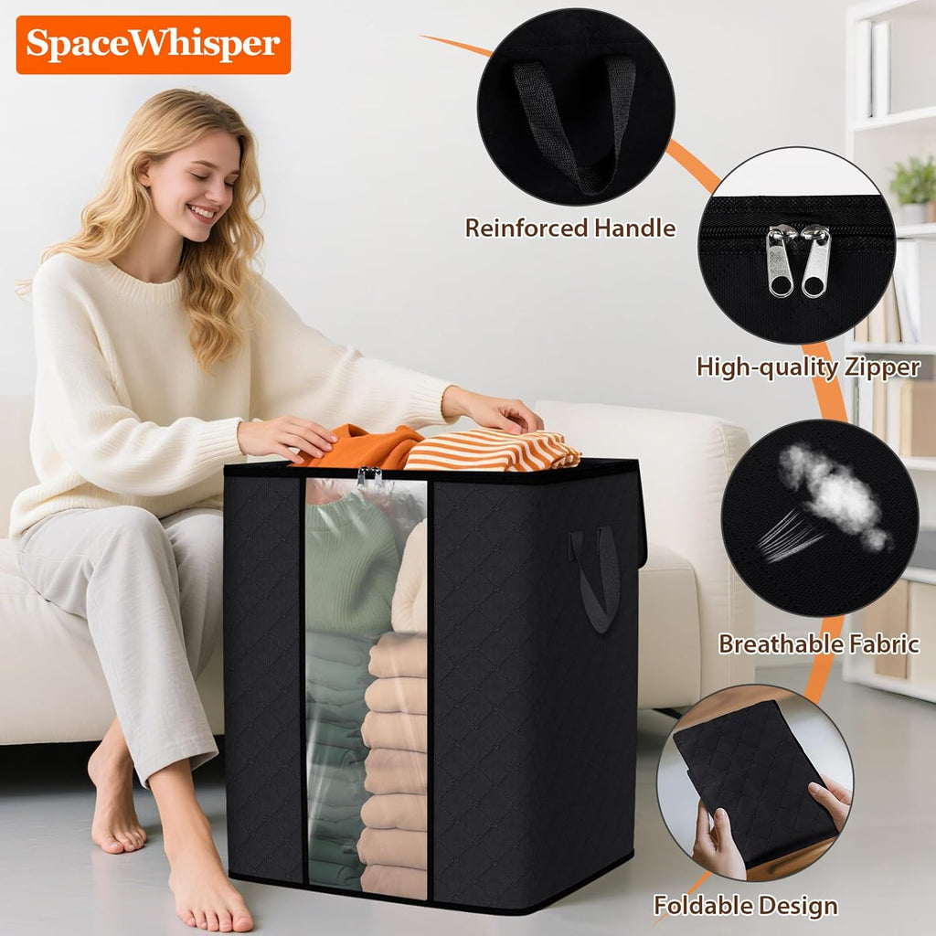 SpaceWhisper 4 Pack 100L Clothes Storage, Foldable Thick Fabric Blanket Storage Bags, Containers for Organizing Bedroom, Closet, Clothing, Comforter,Closet Organization with Handle,Black