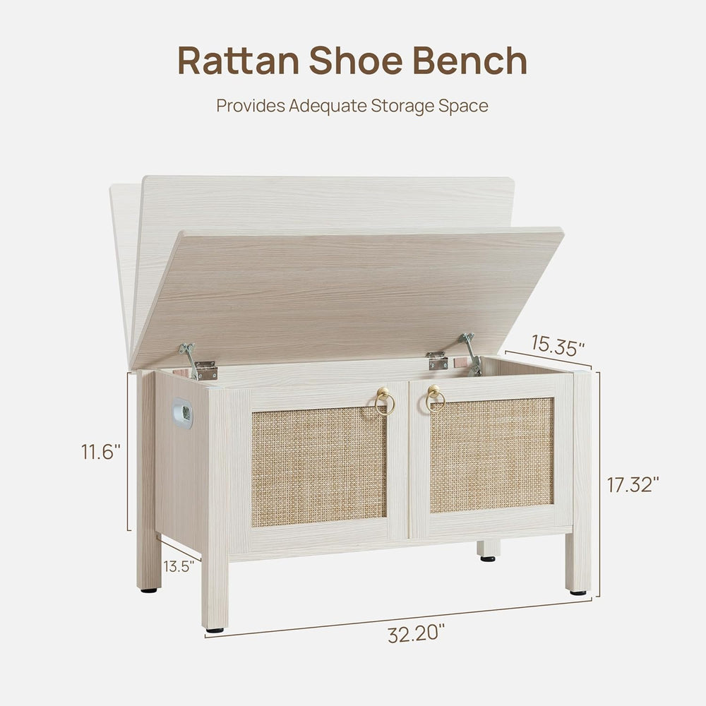 SICOTAS Rattan Shoe Rack Bench with Lift Top Storage: White Farmhouse Boho Sh...