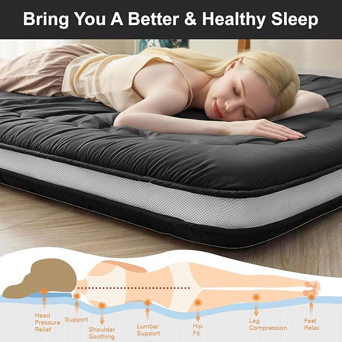 Japanese Floor Mattress, 6" Japanese Futon Mattress, Foldable & Portable Shiki Futon (shikibuton), Roll Up Thicken Sleeping Mattress Tatami Mat Sleeping Pad for Camping (Black, 60 x 80)