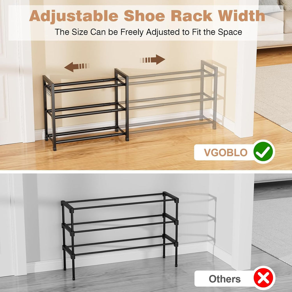 Expandable Shoe Rack - 18.5''- 47'' Adjustable Shoe Rack for Closet, 3 Tier Long Shoe Shelf Storage for 18 Pairs Shoe and Boot, Sturdy Metal Shoe Organizer for Entryway, Garage, Black